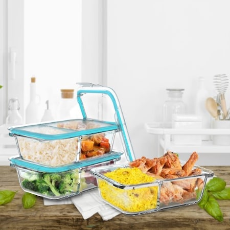 Hastings Home Glass Food Storage Containers, 3- 2-Compartment Portion Control Meal Prep with Lids, Microwave Safe 164325QXN
